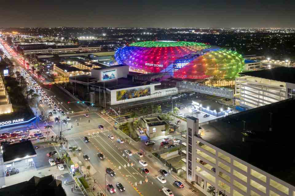 The Intuit Dome's exterior can be changed to countless different colors and imaging