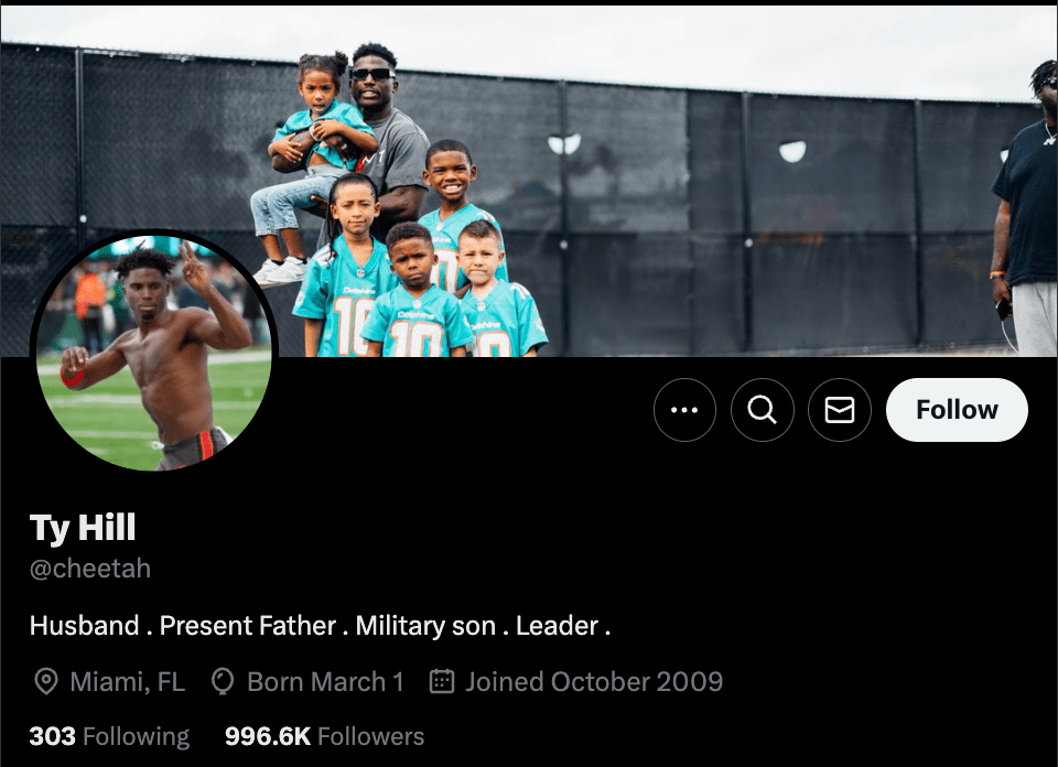 Hill's X account now includes a reference to Antonio Brown quitting on Tampa Bay